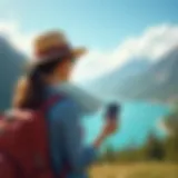 A traveler enjoying a scenic view with a credit card in hand